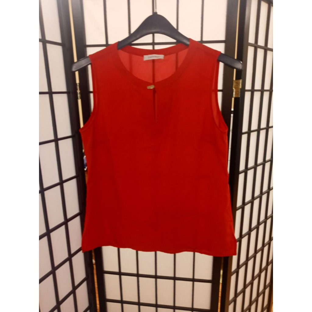 Calvin Klein Sleeveless Top Red Size Small Drapey Keyhole Neckline Tank Shirt
